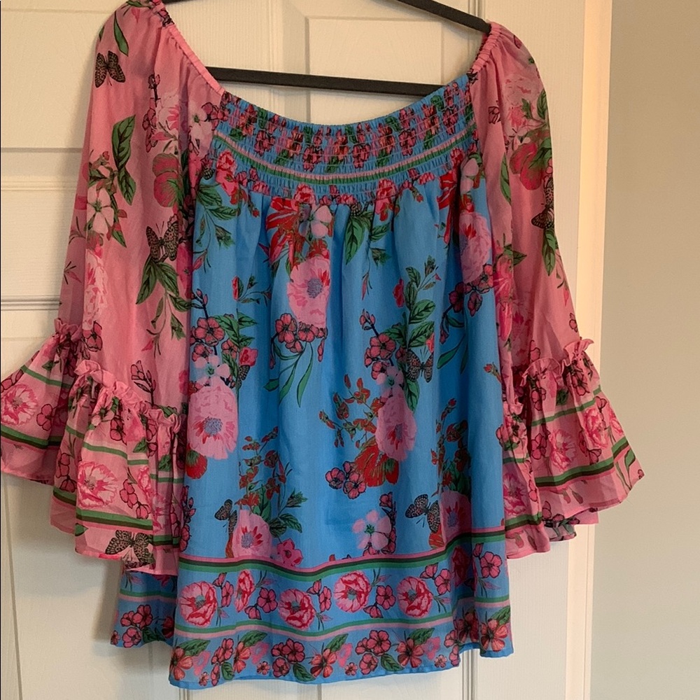 Floral Off-Shoulder Top - Pink and Blue